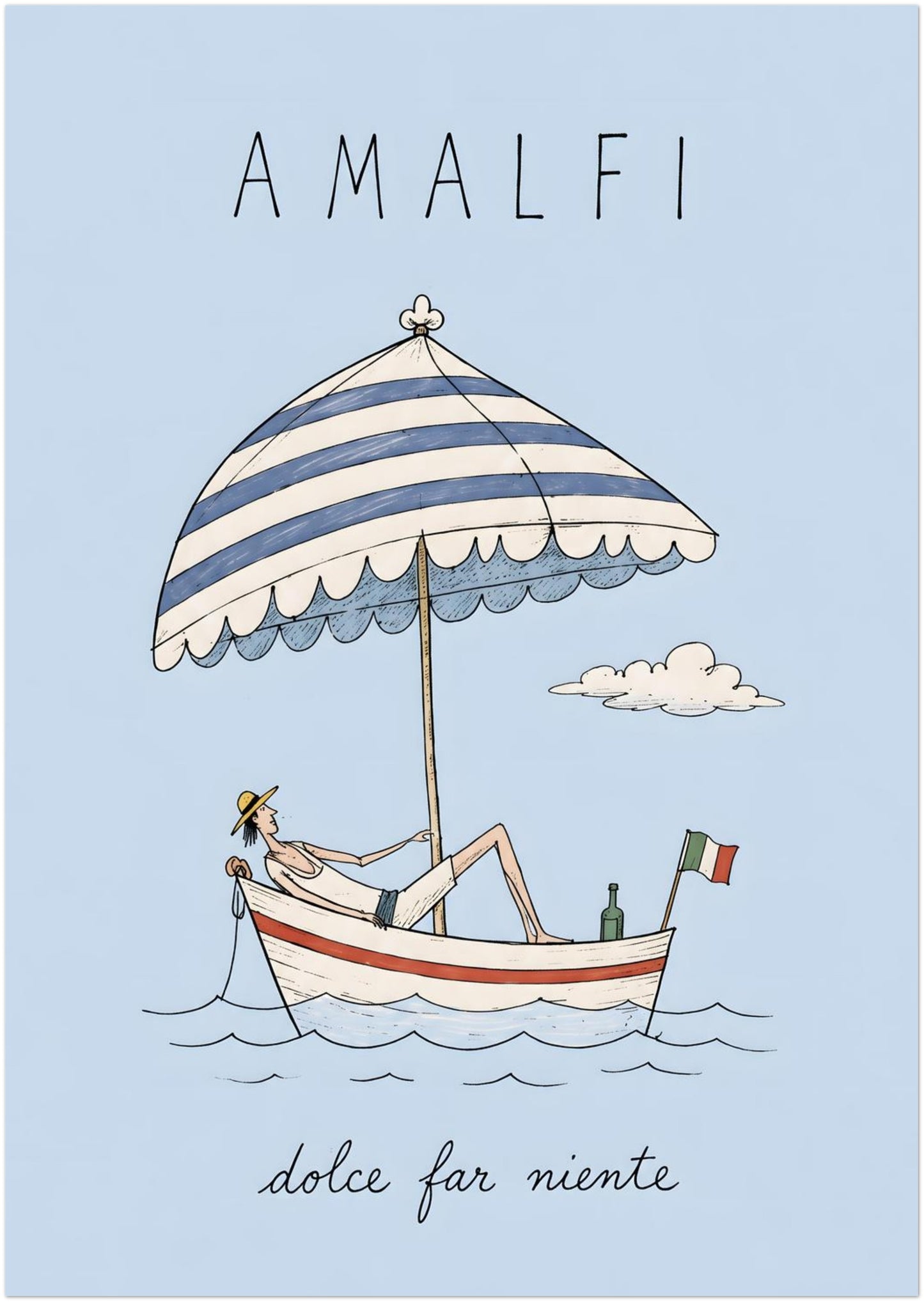 A3 unframed Amalfi dolce far niente poster with an illustrated summer boat, relaxed figure beneath a striped parasol, pale blue background, soft waves and a small Italian flag.