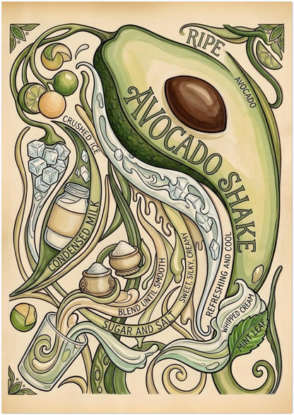 A3 unframed avocado shake recipe poster featuring a decorative vintage-style illustration of a sliced avocado with seed, winding vines, small fruit and curved recipe lettering. The muted green and cream palette gives the artwork a clean, calm finish that works well in kitchens, cafés, breakfast nooks and gallery walls built around food art, fruit prints and botanical posters.