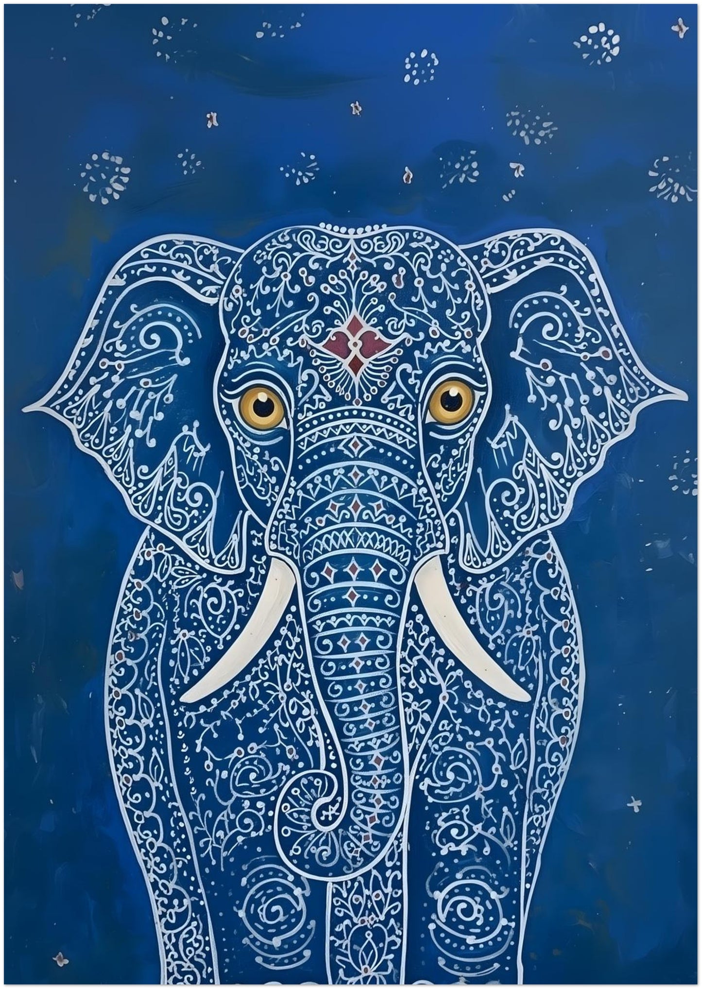 Thumbnail image of the A3 unframed Blue Indian Elephant Poster. The design features a front-facing elephant with white ornate pattern lines, gold eyes, white tusks and a deep blue background with small star-like dots. A smaller elephant print wall art option for shelves, desks, narrow wall spaces and layered decor arrangements, with Indian-inspired detail and decorative animal art styling.