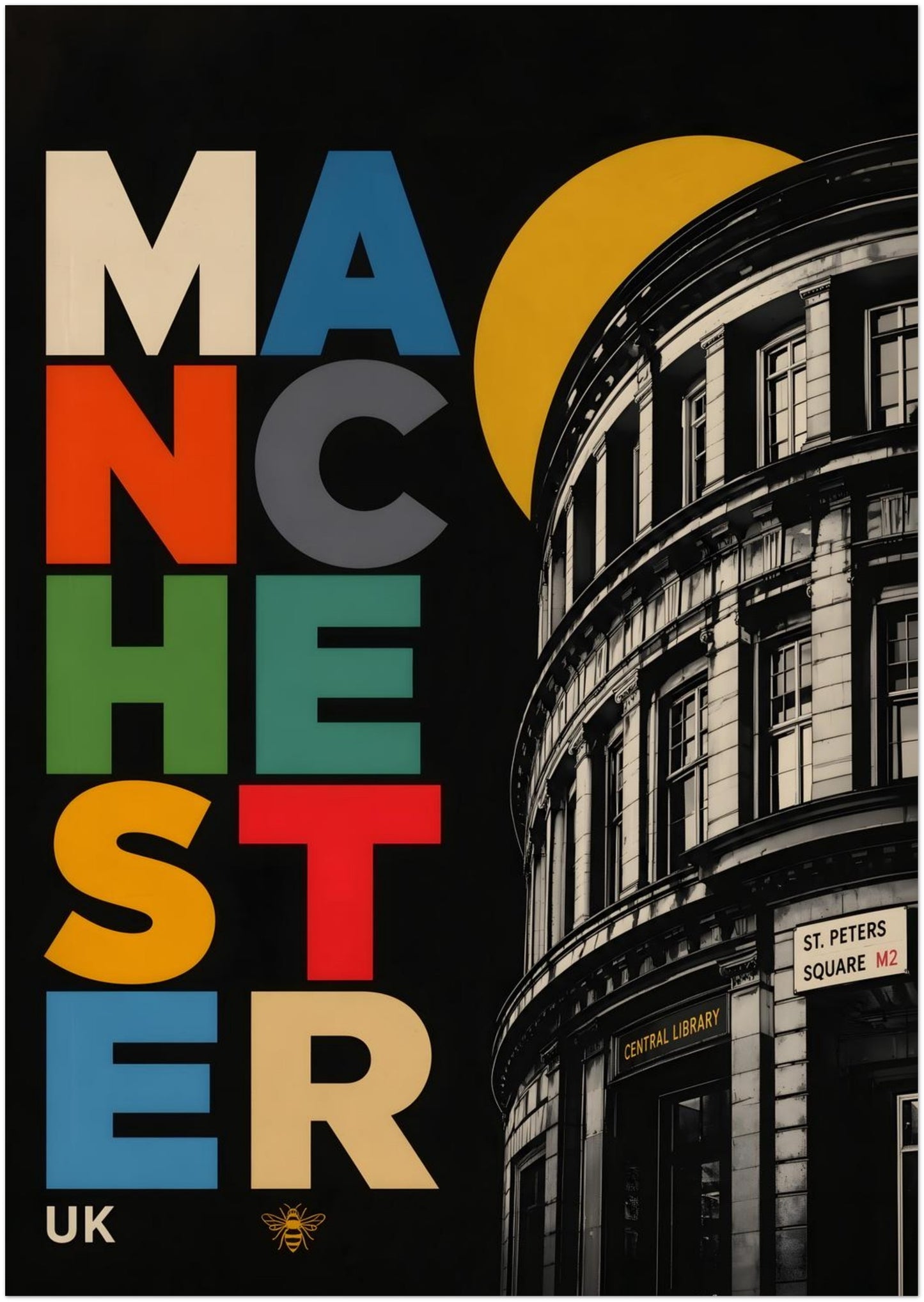 Unframed A3 Manchester Central Library print with strong colour-block lettering, yellow geometric detail and high-contrast black-and-white architecture inspired by the city landmark.