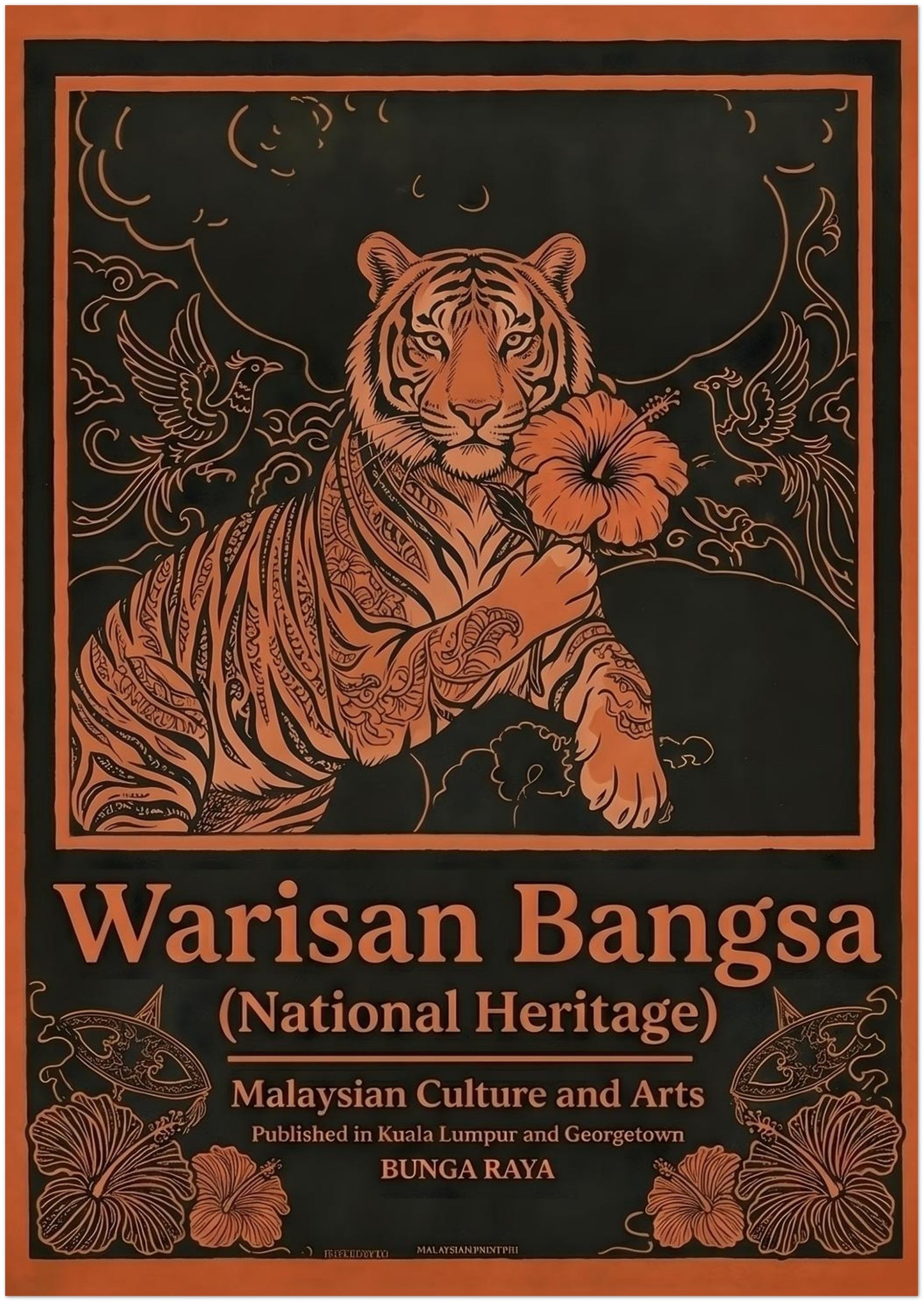 A3 unframed Malaysia tiger poster Warisan Bangsa National Heritage featuring a stylised tiger holding a hibiscus flower with decorative birds and floral patterns forming an ornamental border. The artwork uses bold orange line illustration against a dark background creating a vintage Malaysian cultural wall art design inspired by heritage symbolism.