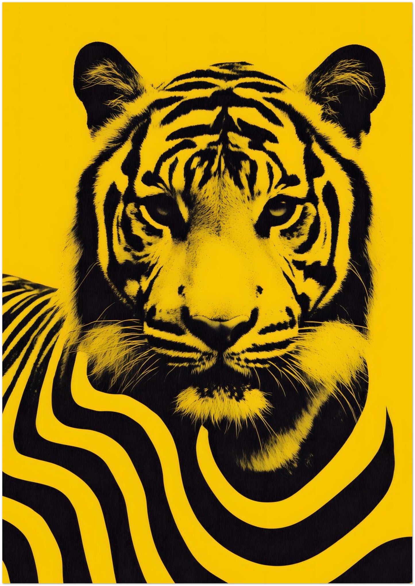 A3 unframed Malaysian tiger art poster showing a bold black tiger portrait with stylised flowing stripe patterns across the body on a bright yellow background. This modern wildlife wall art design is inspired by Malaysia’s national animal and uses high-contrast graphic illustration to create a contemporary cultural poster suitable for statement wall decor and modern interior styling.
