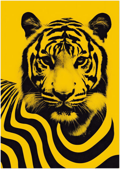 A3 unframed Malaysian tiger art poster showing a bold black tiger portrait with stylised flowing stripe patterns across the body on a bright yellow background. This modern wildlife wall art design is inspired by Malaysia’s national animal and uses high-contrast graphic illustration to create a contemporary cultural poster suitable for statement wall decor and modern interior styling.