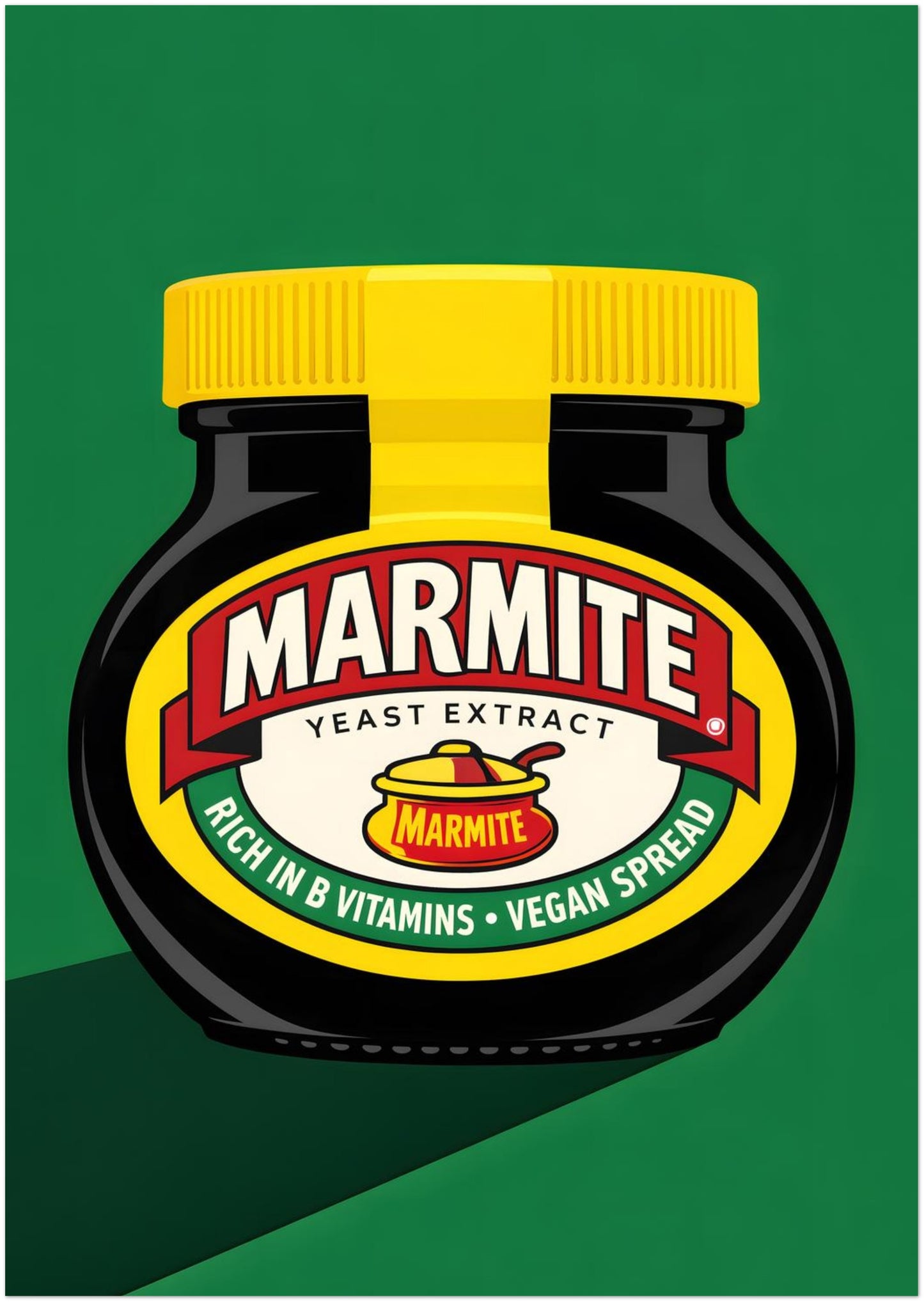 A3 unframed Marmite food art kitchen print featuring the well-known jar shape with a yellow lid, black body and bold label on a flat green background. The artwork has a crisp pop art finish with strong contrast and simple lines, inspired by classic British pantry culture. Ideal for smaller kitchens, breakfast nooks, shelves or casual dining spaces needing fun modern British wall decor.