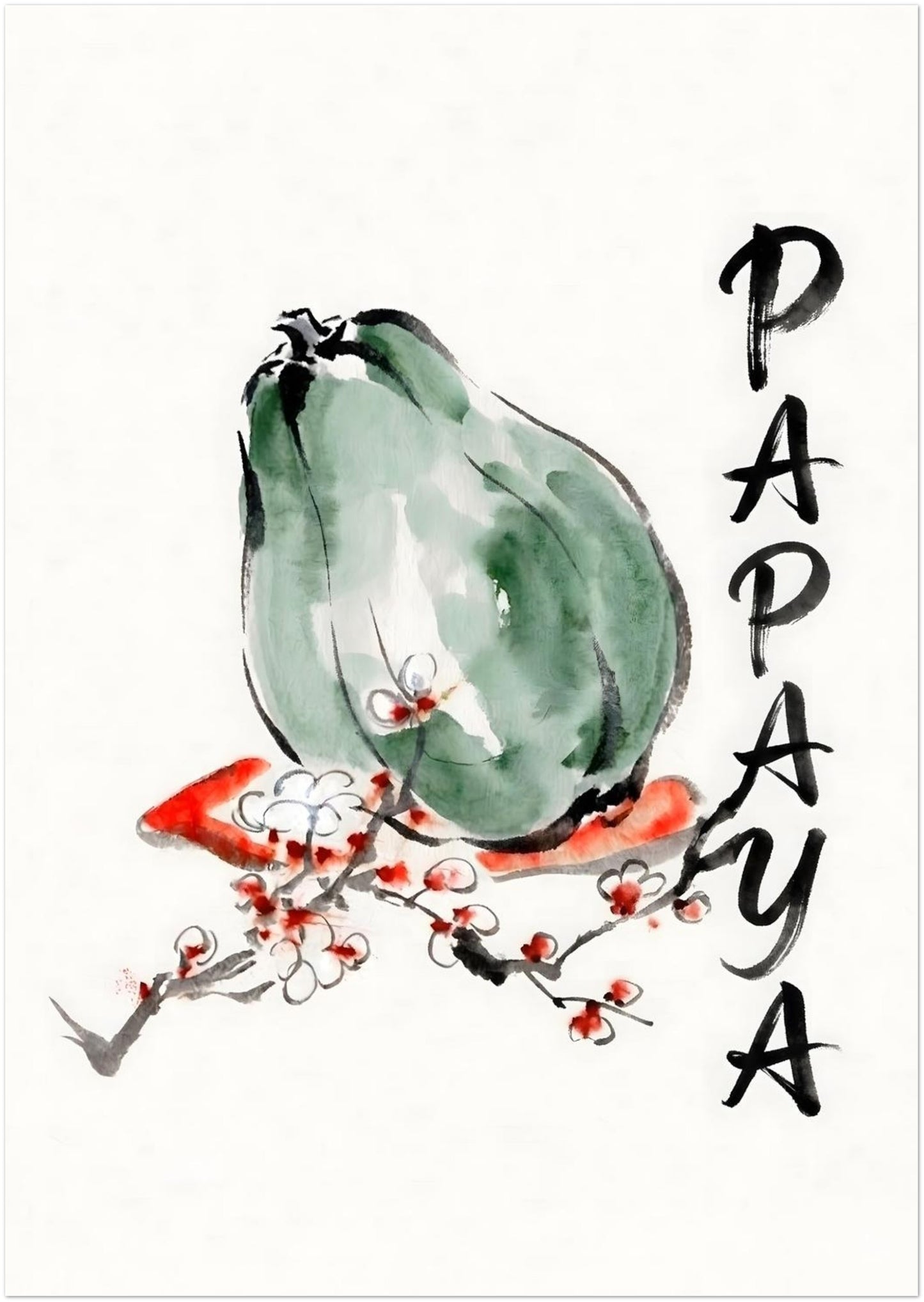 A3 unframed papaya art print displayed on a plain background as a product listing image. The composition includes a green papaya painted in loose watercolour, black brush line detail, a red and white blossom branch, and vertical PAPAYA lettering. Medium size fruit wall art for kitchen wall decor, tropical botanical styling, minimalist interiors, shelf displays and modern homes that suit clean simple artwork.