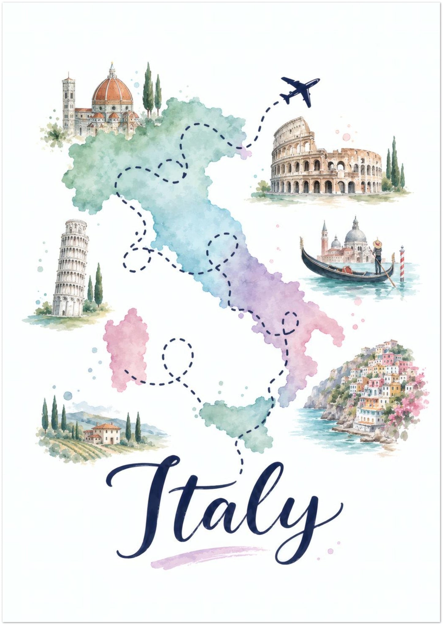 Unframed A3 Italy map poster with a colourful pastel watercolour illustration. The map combines green, blue, pink and purple regions with dotted routes, a flying aeroplane and small Italian landmarks, buildings and coastal scenes. Bold navy Italy lettering sits below, creating cheerful portrait travel wall art for an Italian-themed space.