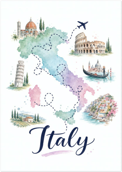 Unframed A3 Italy map poster with a colourful pastel watercolour illustration. The map combines green, blue, pink and purple regions with dotted routes, a flying aeroplane and small Italian landmarks, buildings and coastal scenes. Bold navy Italy lettering sits below, creating cheerful portrait travel wall art for an Italian-themed space.