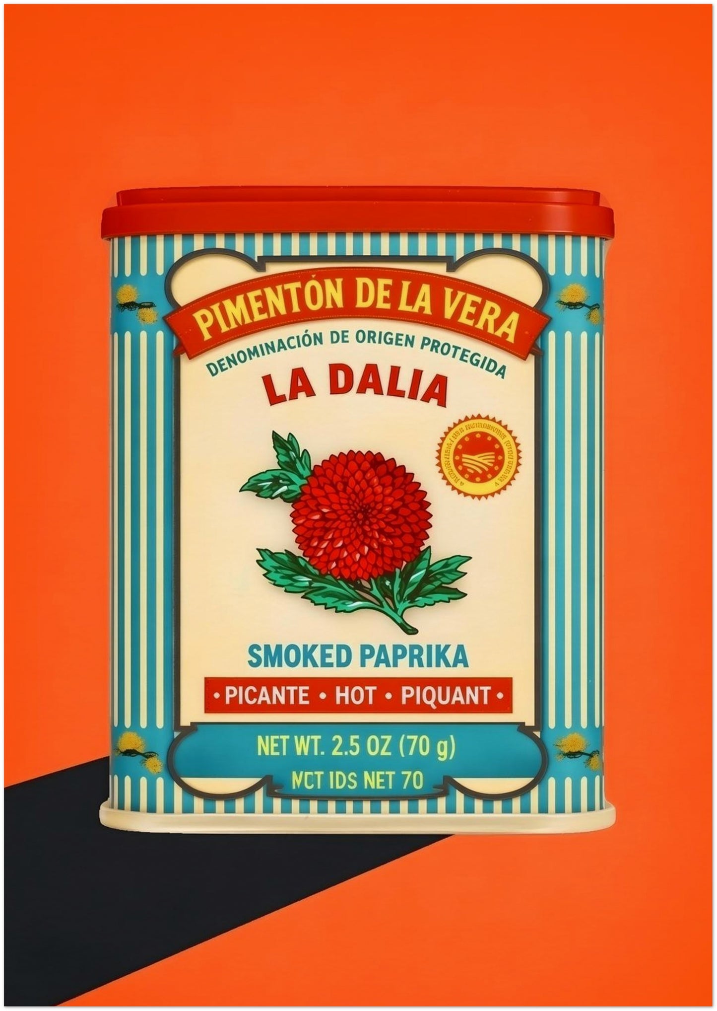 A3 unframed wall art print featuring the Spanish Smoked Paprika Tin design, displayed as a clean product image on a bold orange background. The artwork combines a red tin lid, cream label, blue striped border, red flower and Spanish wording for a classic vintage packaging look. Relevant for Spanish kitchen wall art, small retro food print, paprika label decor and colourful Mediterranean home styling searches.