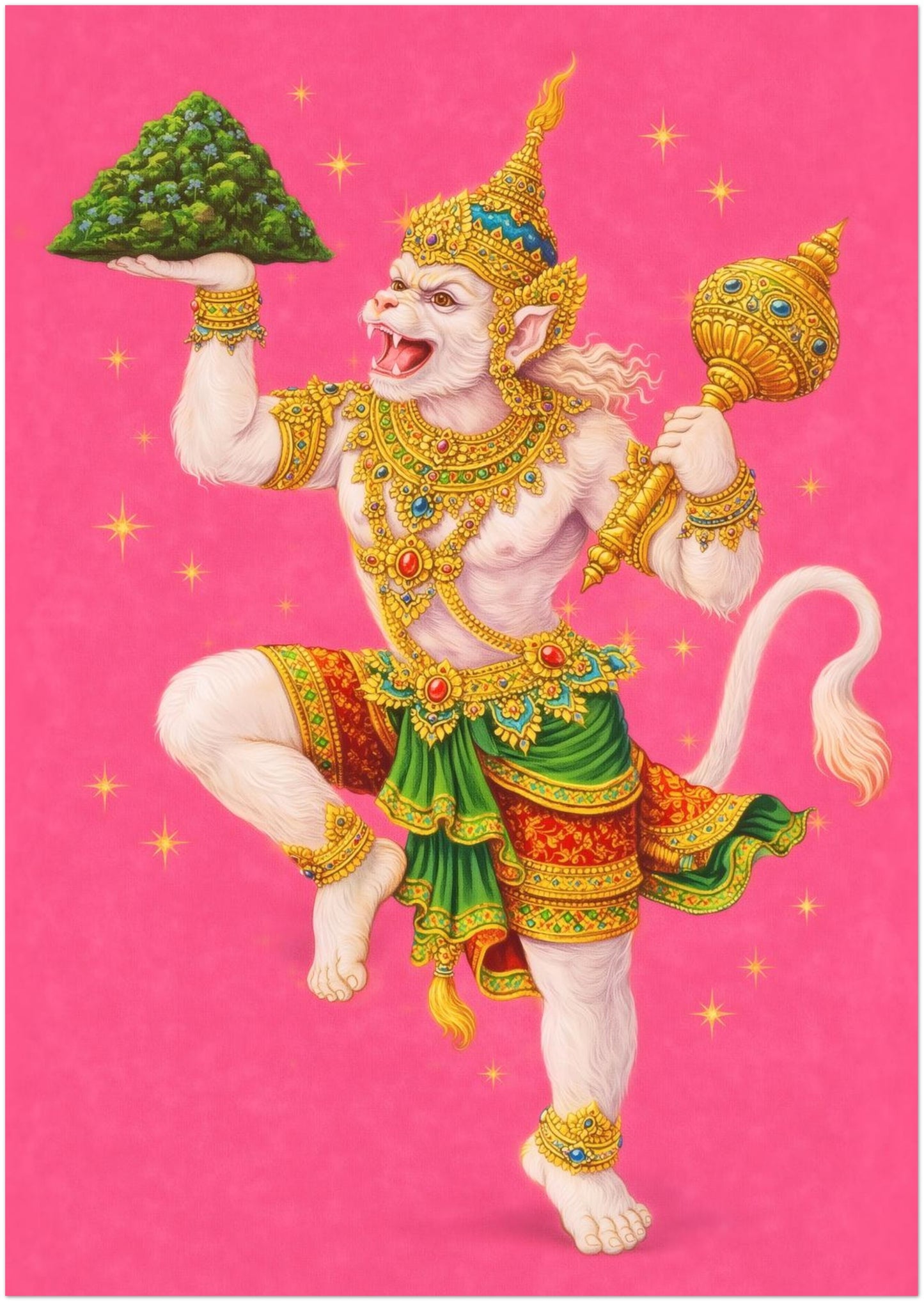 A3 unframed Thai Hanuman Ramakien art print showcasing the Hindu monkey god in mid-dance on a bold pink background. The artwork highlights intricate gold detailing, green costume elements and traditional Thai mythology styling. A vibrant spiritual wall decor poster sized for noticeable impact in modern interiors or cultural art collections.