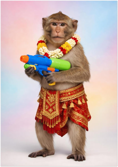 A3 unframed Thai Songkran Monkey poster shown as a clean product image with full figure artwork on a pastel background. The monkey wears a red and gold Thai outfit, a flower garland and holds a bright blue, green and orange water gun, inspired by Thailand and the Songkran festival. Popular size for monkey wall art, Thai poster, Thailand poster, festival print and colourful animal decor collections.
