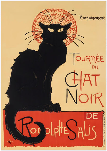 A3 unframed Tournée du Chat Noir print displaying the classic 1896 French Art Nouveau design. The bold black cat, yellow eyes and red circular motif highlight vintage Paris cabaret culture and Belle Époque theatre art. This Steinlen reproduction works well as French vintage wall art for home offices, living rooms or gallery wall poster arrangements.