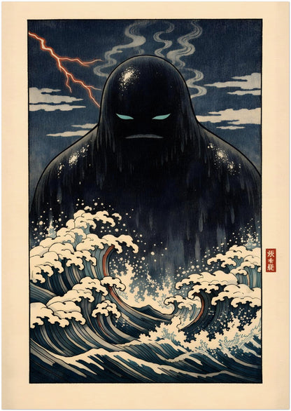 A3 unframed Japanese folklore poster depicting the Umibōzu sea monk emerging from powerful indigo waves under a moody night sky. The composition features cream wave crests, a shadowed spirit figure and woodblock-inspired styling. This medium-sized yōkai art print provides strong visual impact while maintaining traditional Japanese ocean illustration detail.