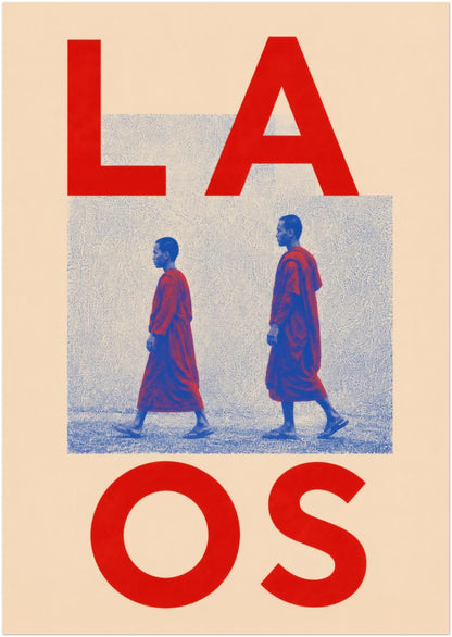 A3 unframed Laos monk art print showing two Buddhist monks walking across a blue textured scene, divided by oversized red LAOS lettering on cream.