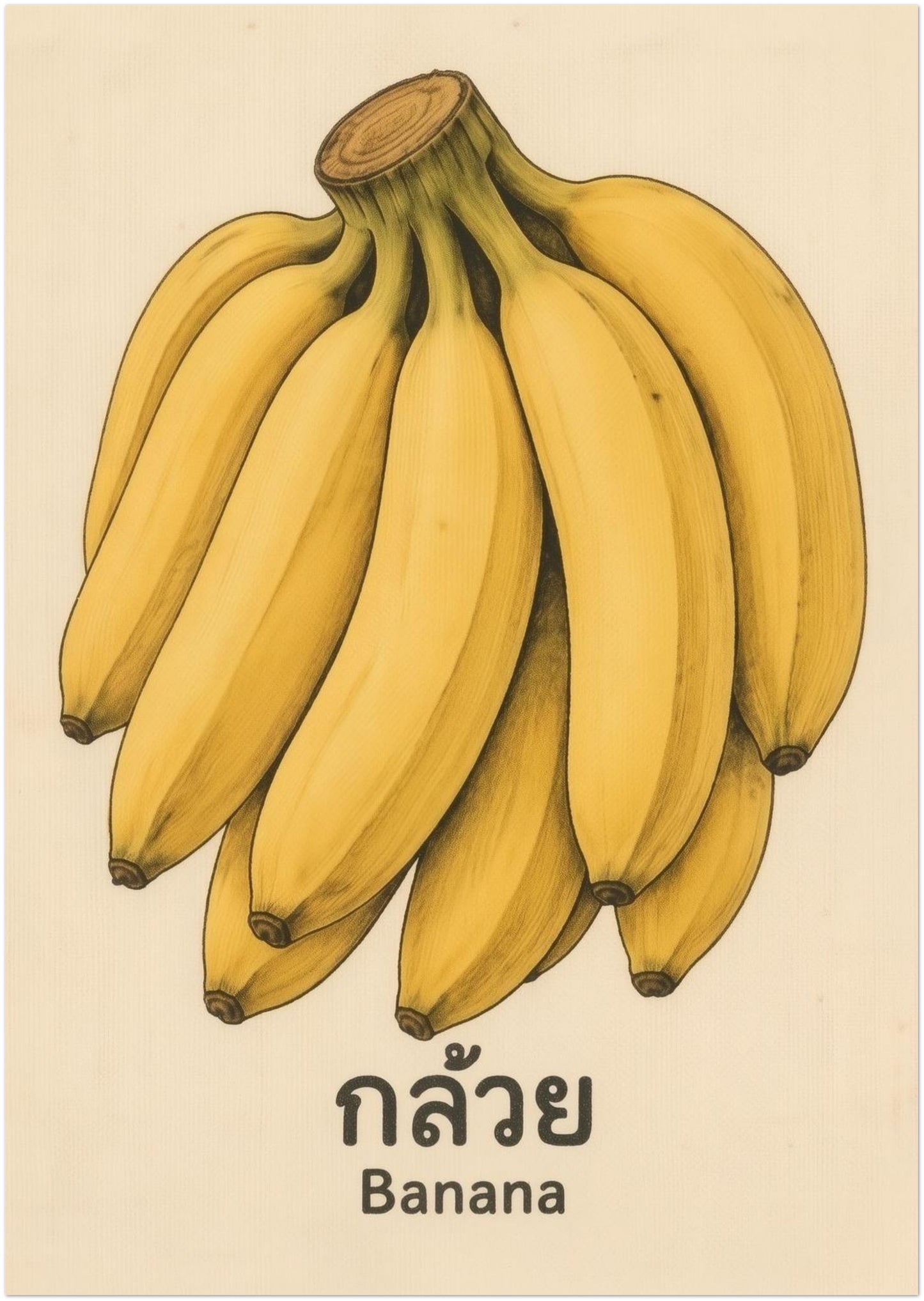 A3 unframed vintage banana Thai food print with a detailed yellow banana bunch, Thai script, and the English label Banana on an aged cream background. The compact portrait size gives the artwork a neat retro look that is easy to place on smaller walls or shelves. Works well for banana wall art, kitchen print displays, tropical fruit poster styling, pantry decor, and botanical food art sets.