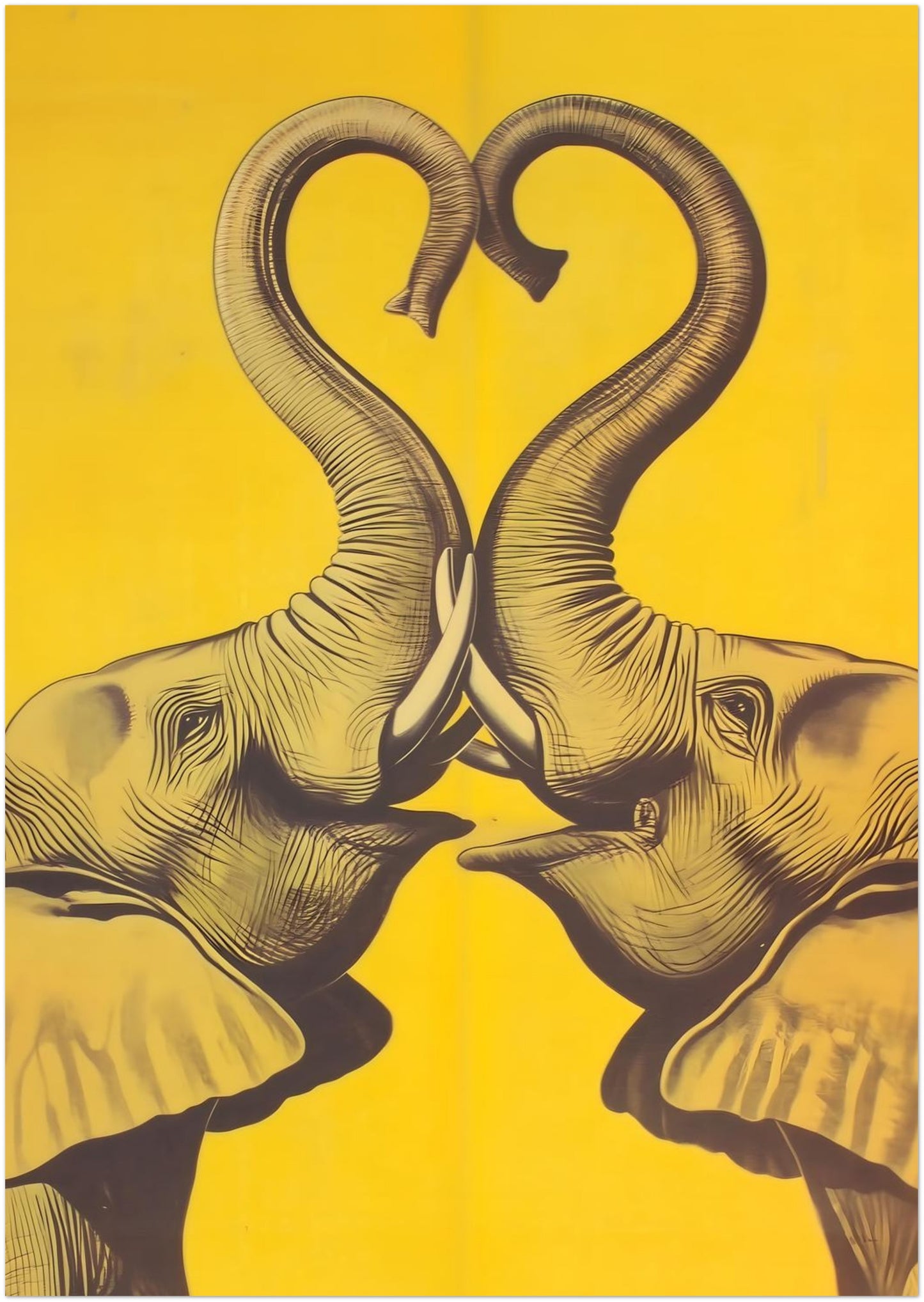 A3 unframed elephant wall art print shown on a simple white background for a clear product view. The composition shows two mirrored elephants in dark linework, facing inward with trunks lifted into a heart over a bold yellow base. Medium size elephant poster image suited to searches for elephant print, yellow elephant wall decor, romantic elephant art, modern animal wall art, and cultural inspired interiors.