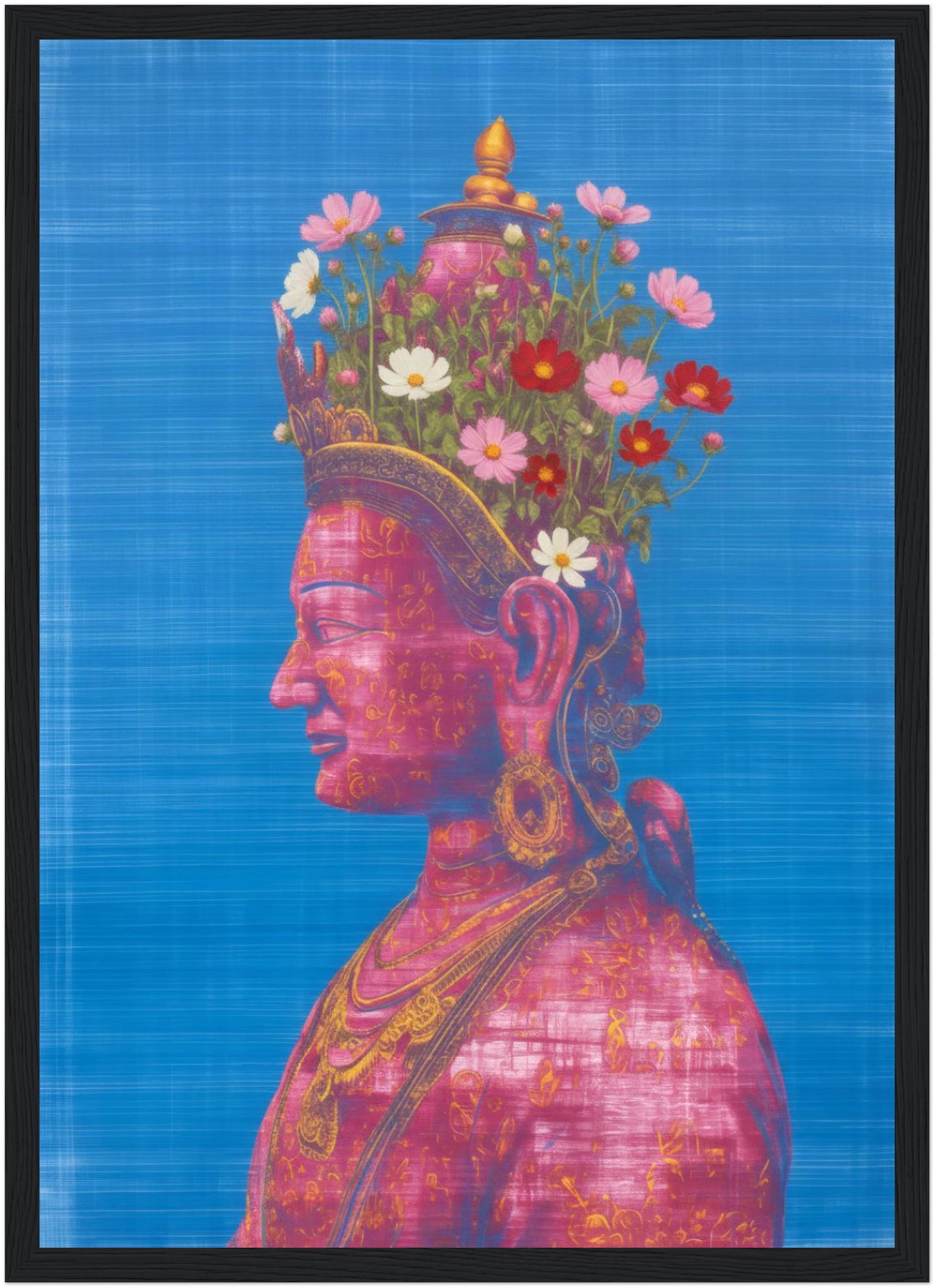 A3 pink and green Tara Buddhist art print in a black wood frame, showing a detailed pink Tara Buddhist figure in profile with floral elements on blue.