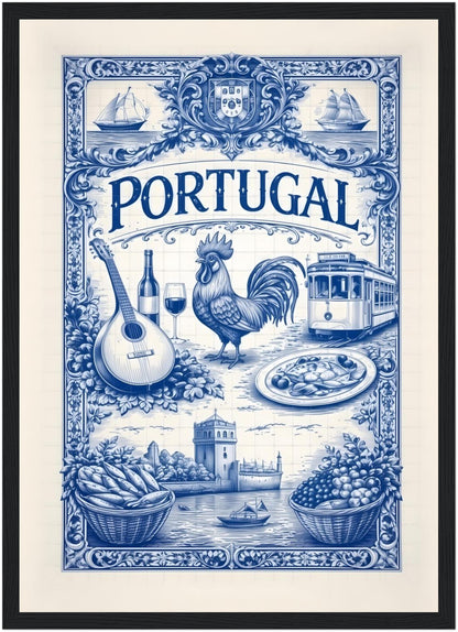 A3 framed Portugal cultural art poster in a black wood frame, featuring blue azulejo tile artwork inspired by Portuguese traditions and travel art.