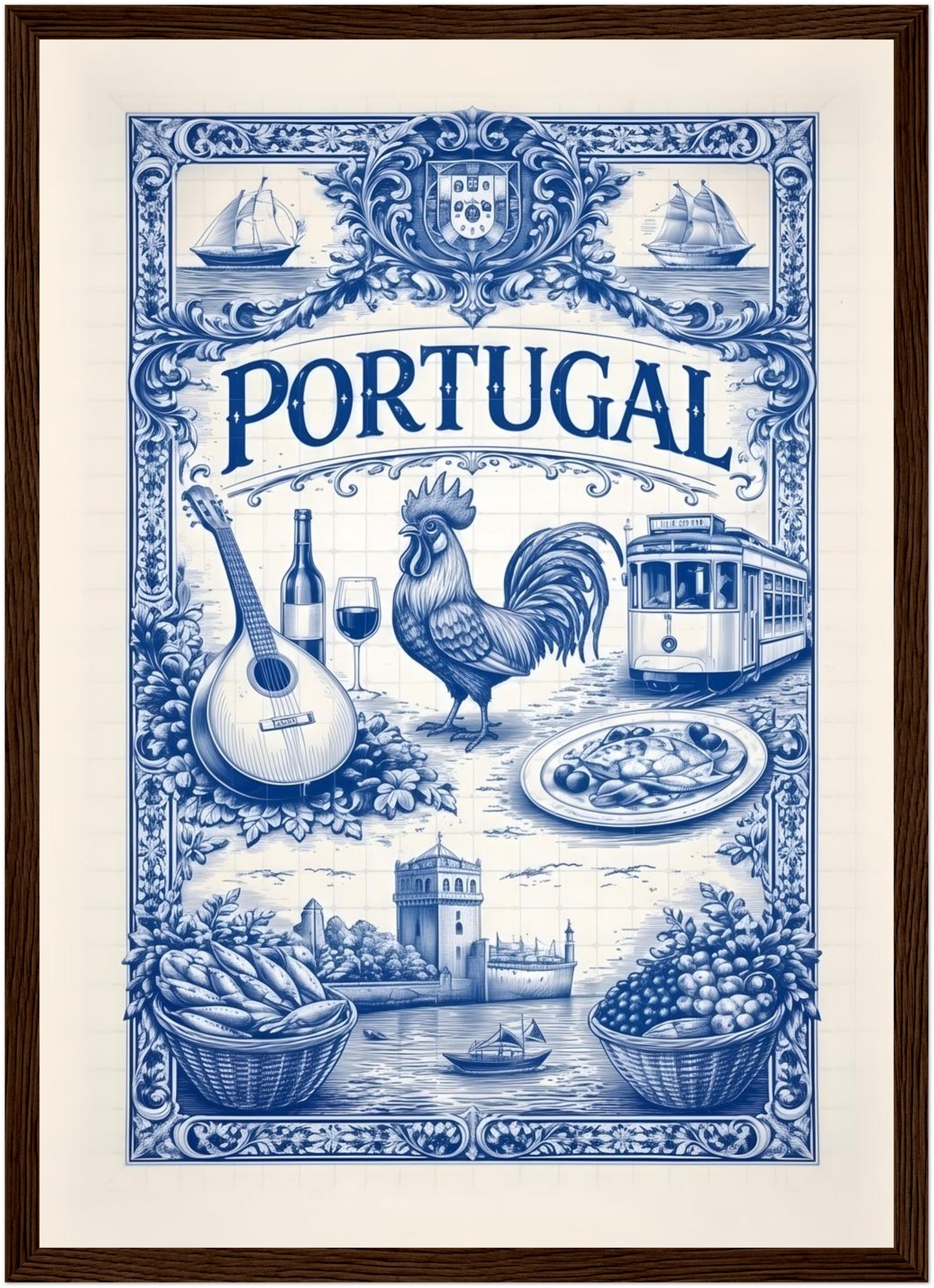 A3 framed portugal azulejo poster in a dark wood frame, displaying detailed blue tile art with Portuguese cultural symbolism and traditional azulejo design.