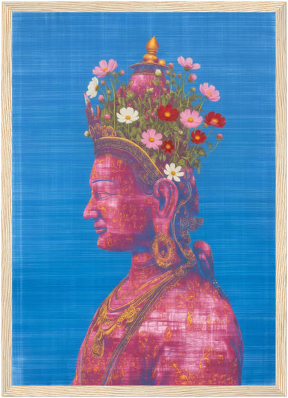 A3 pink and green Tara Buddhist art print in a natural wood frame, featuring a pink Tara figure in profile with flowers rising from the head on a blue textured backdrop.