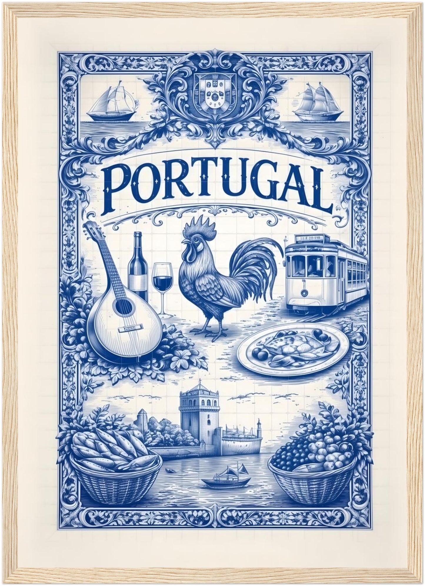 A3 framed portuguese tile art poster in a natural wood frame, showing a blue azulejo illustration inspired by Portuguese culture, travel, and symbolism in a classic Mediterranean style.