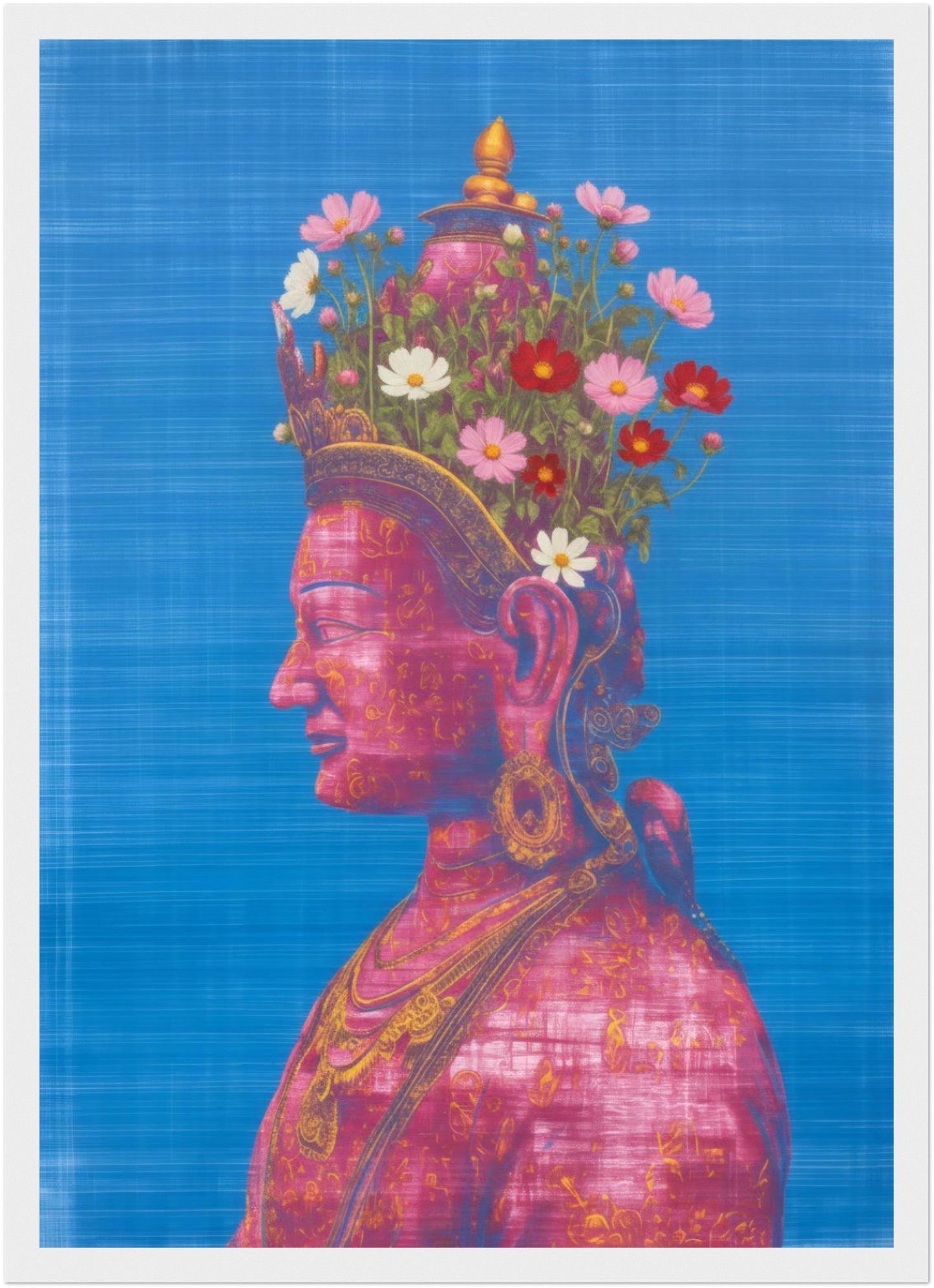 A3 pink and green Tara Buddhist art print in a white wood frame, showing a serene pink side-profile figure with floral crown against a textured blue background.