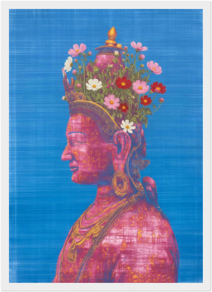A3 pink and green Tara Buddhist art print in a white wood frame, showing a serene pink side-profile figure with floral crown against a textured blue background.
