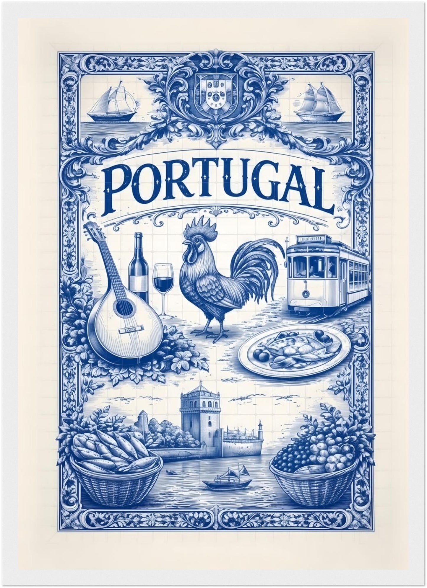 A3 framed Portugal art poster in a white wood frame, featuring blue azulejo tile artwork with Portuguese cultural symbols including food, music, transport, and coastal imagery. Ready-to-hang portuguese tile art print celebrating Portugal traditions.