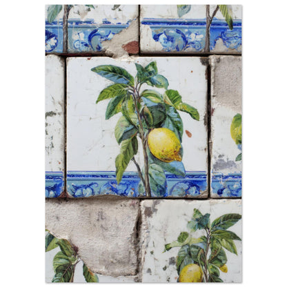 A3 unframed lemon azulejo tile art print displayed on a white background, showing detailed Mediterranean ceramic styling, blue tile borders and realistic cultural wall art proportions.