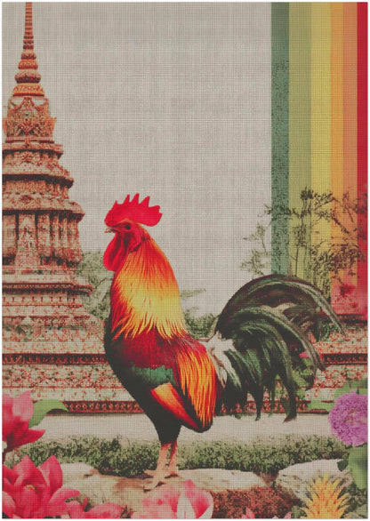 Unframed A3 Thai rooster wall art print depicting a vivid red and gold rooster against a Wat Arun-inspired temple setting. The print shows subtle canvas texture, floral accents at the base and a clean vertical rainbow stripe that modernises the traditional motif. A practical medium size for standard frames, gallery walls or cultural decor themes featuring symbolism, luck and temple protection.