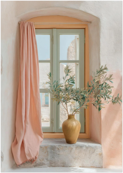 A4 format pastel window-view art print on a plain backdrop, illustrating how the artwork scales vertically with more visible curtain folds and window details to guide customers on print proportions.