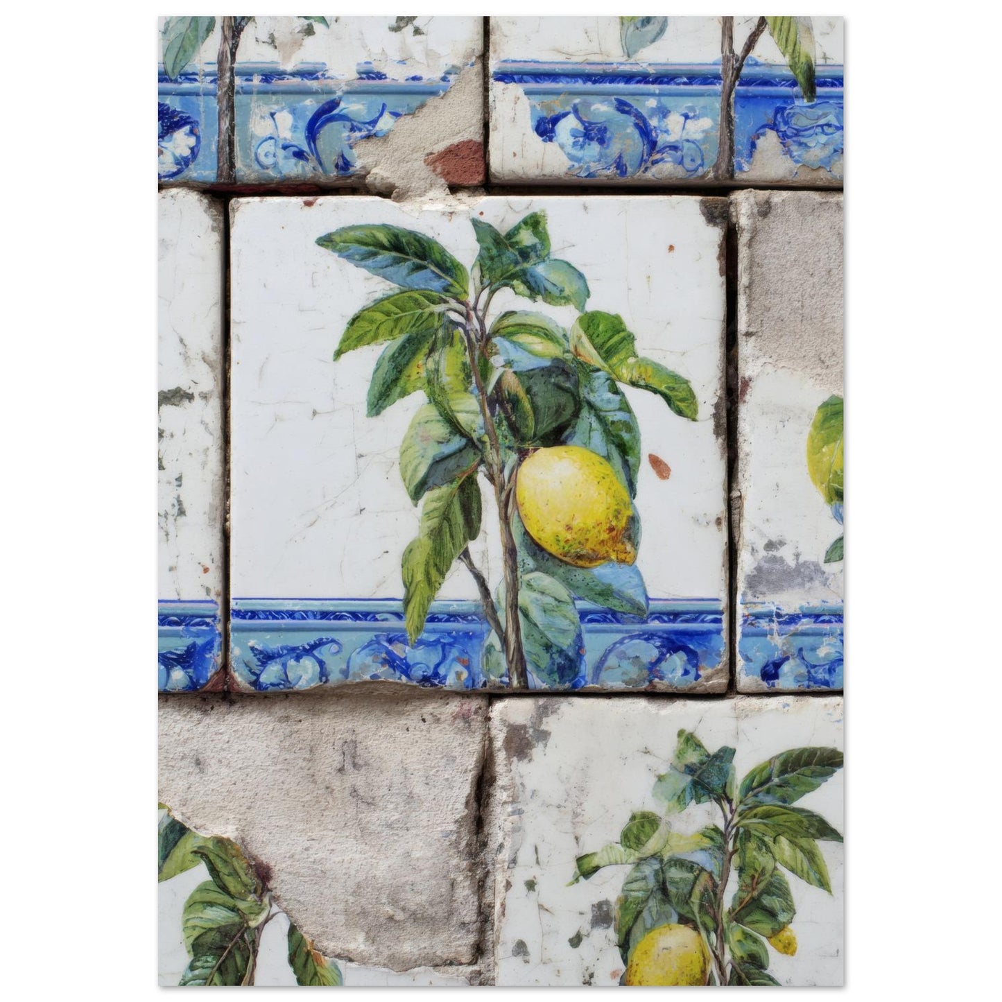 A4 unframed lemon azulejo tile cultural print on a clean white background, showing traditional Mediterranean tile design, blue colour accents and full artwork composition at poster size.