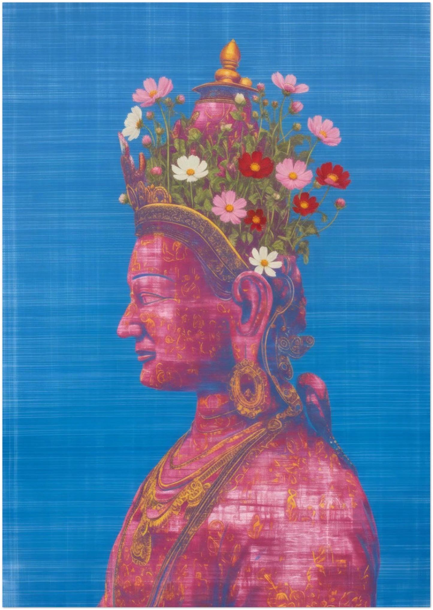 A4 unframed Pink Tara Buddhist poster on a clean white background, featuring a calm feminine deity portrait with lotus symbolism, ornate floral crown and rich pink and blue colour palette in balanced composition.