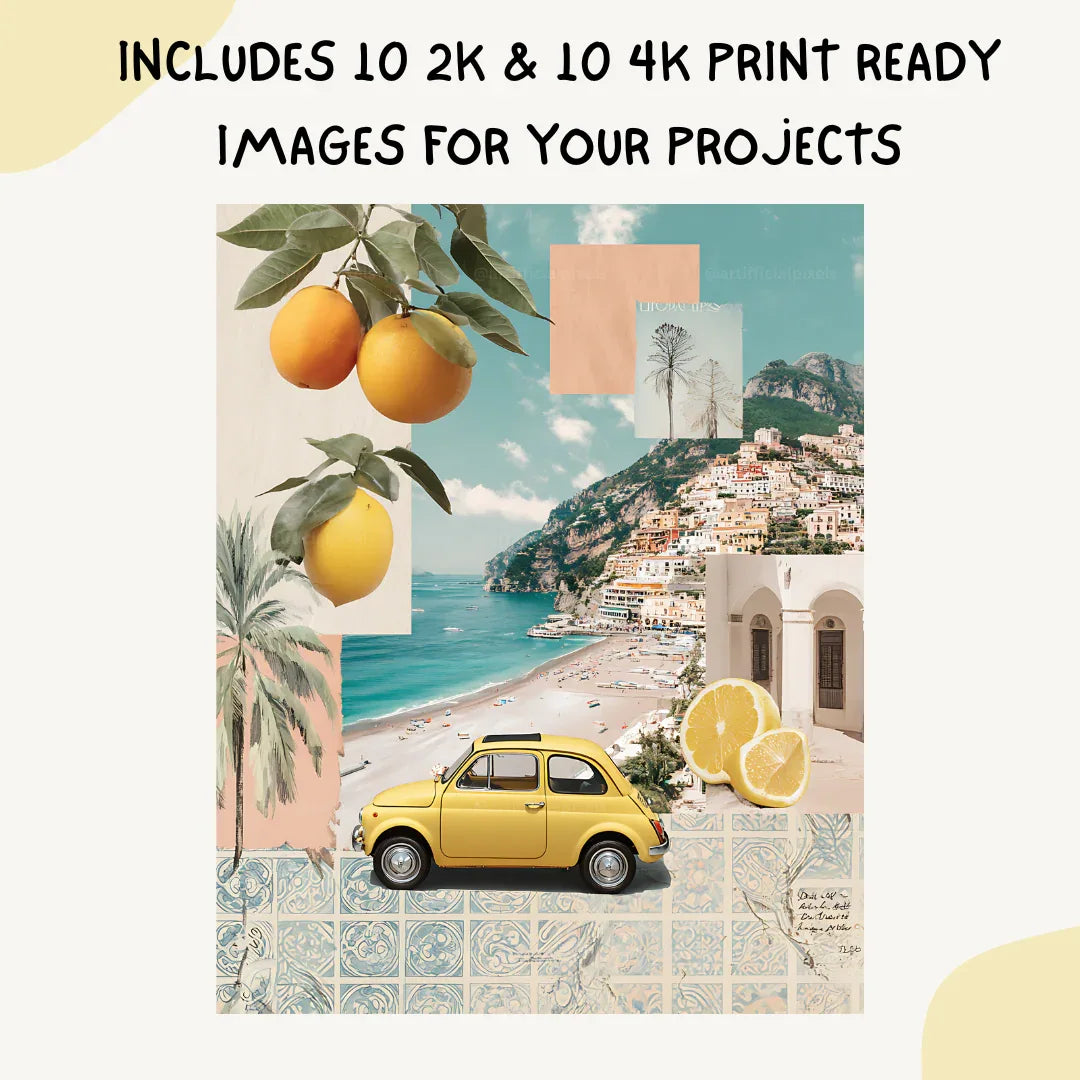 Italian Amalfi Coast Collage Scrapbook Art Prompt for Midjourney AI Image Generator - CITTRA Collective