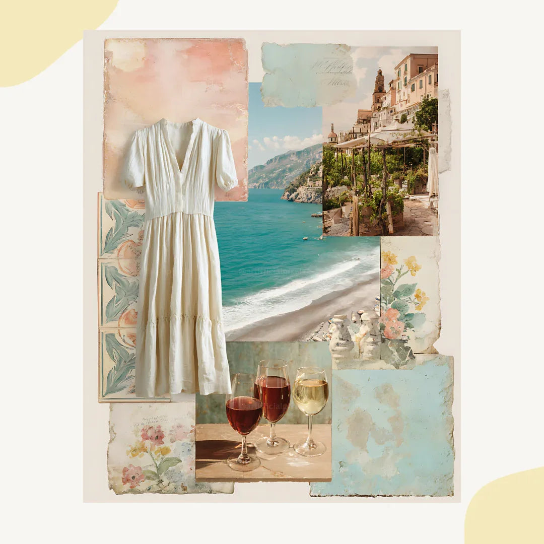 Italian Amalfi Coast Collage Scrapbook Art Prompt for Midjourney AI Image Generator - CITTRA Collective