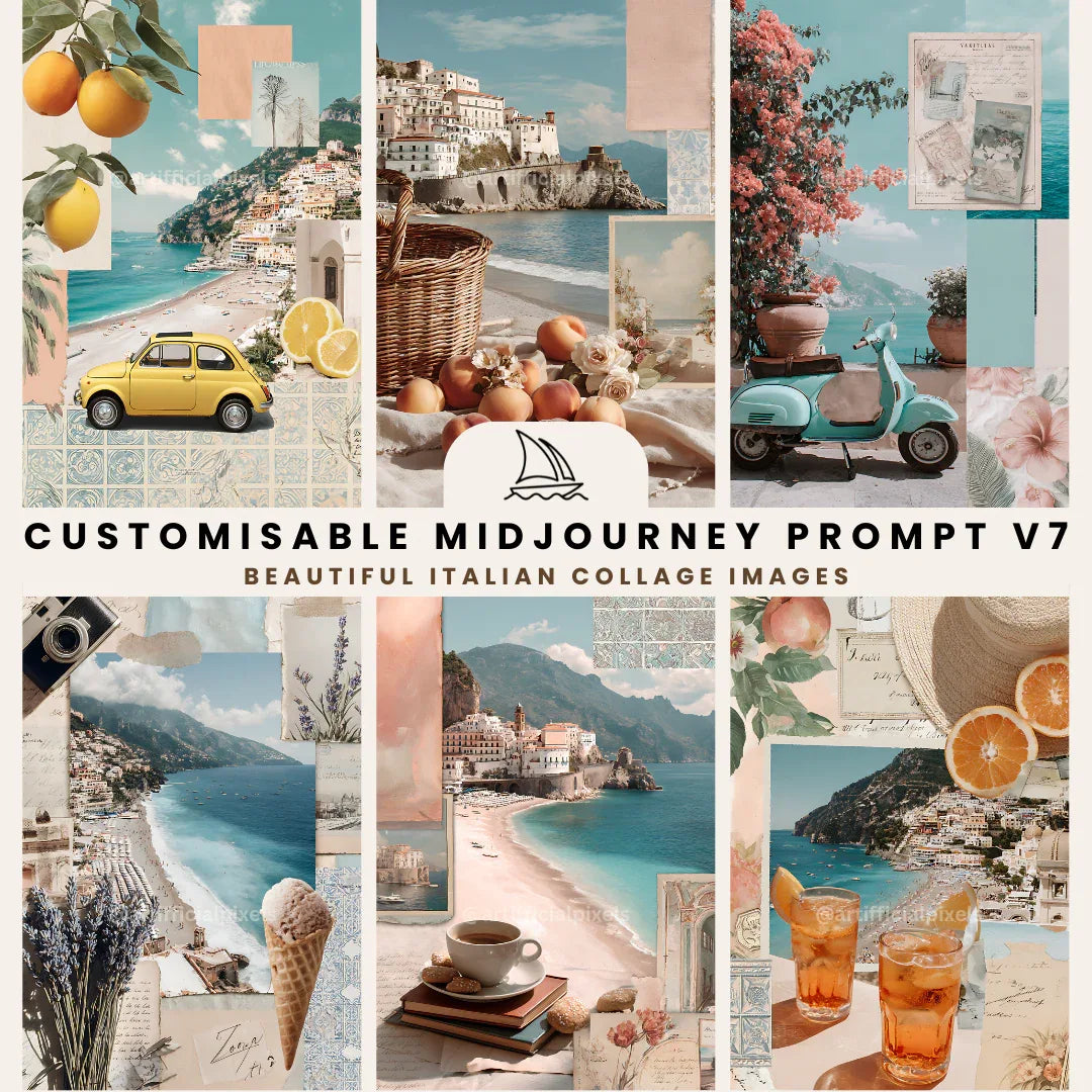 Italian Amalfi Coast Collage Scrapbook Art Prompt for Midjourney AI Image Generator - CITTRA Collective