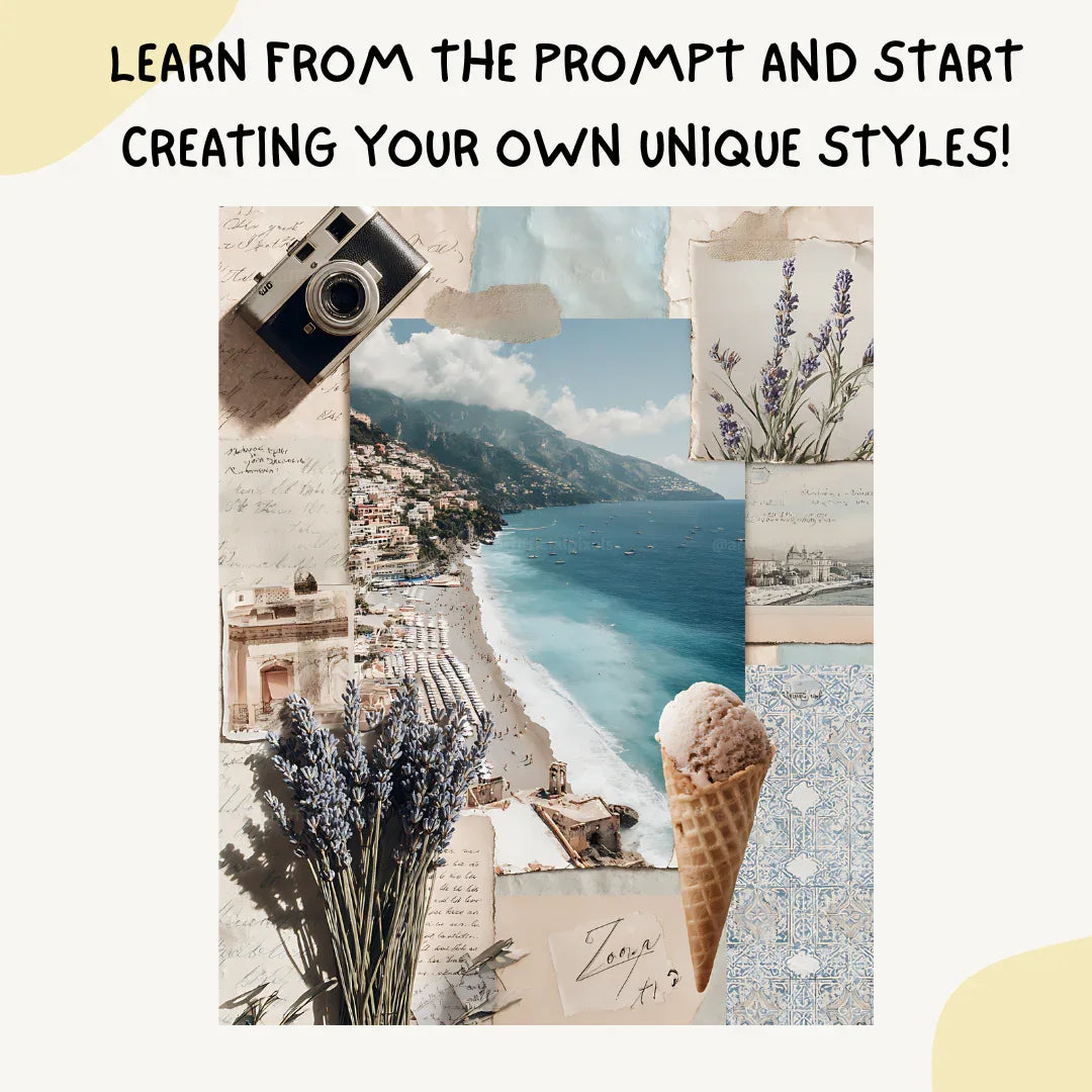 Italian Amalfi Coast Collage Scrapbook Art Prompt for Midjourney AI Image Generator - CITTRA Collective