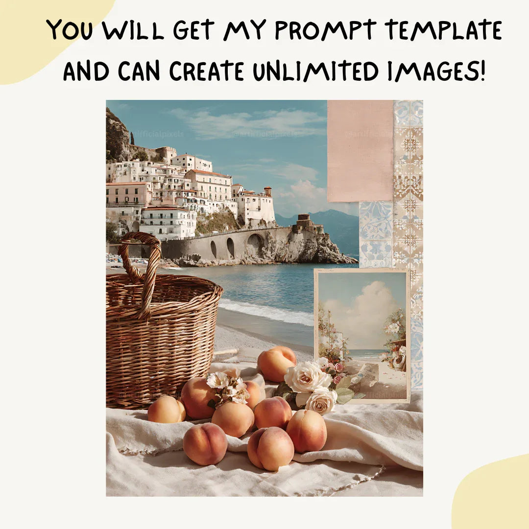 Italian Amalfi Coast Collage Scrapbook Art Prompt for Midjourney AI Image Generator - CITTRA Collective