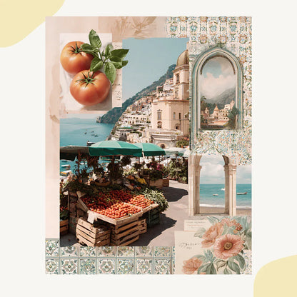 Italian Amalfi Coast Collage Scrapbook Art Prompt for Midjourney AI Image Generator - CITTRA Collective
