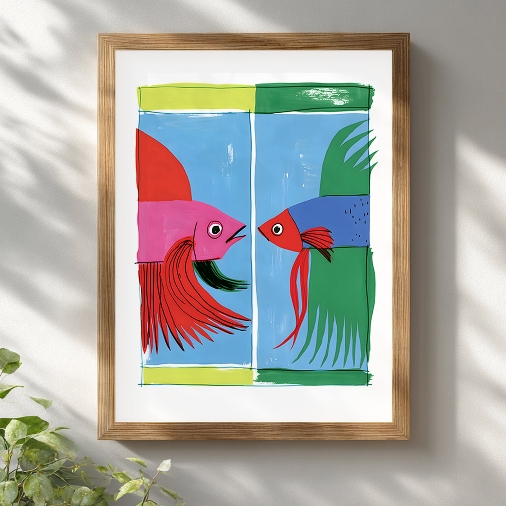 Colourful betta fish print displayed in a light wooden frame against a white wall, with soft natural shadows highlighting the Thai fighting fish artwork.
