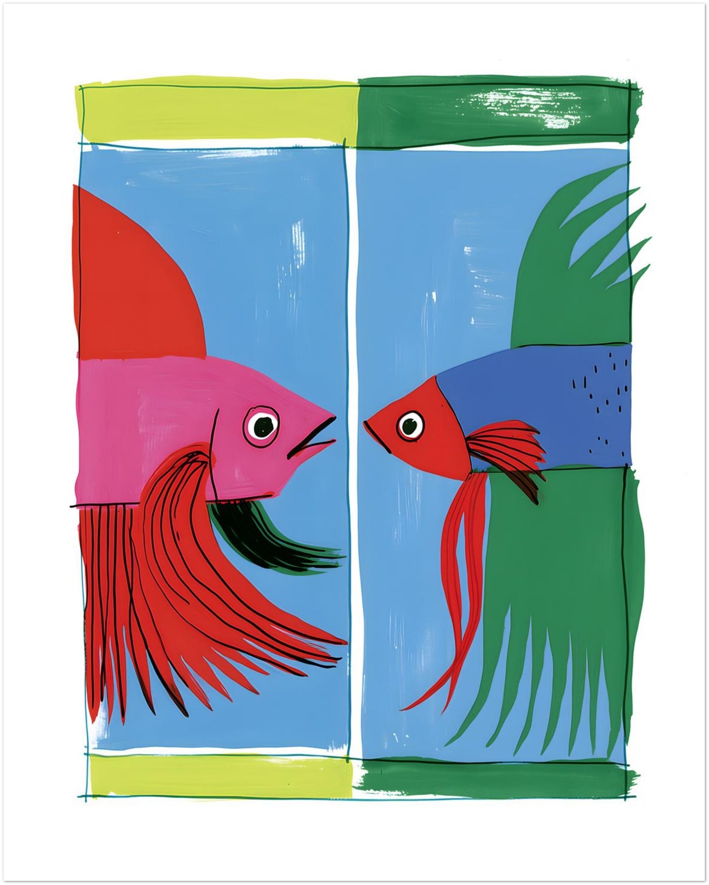 Unframed 16 x 20 inch colourful betta fish wall print showing two Siamese fighting fish in a bold graphic composition with blue, red, pink and green.