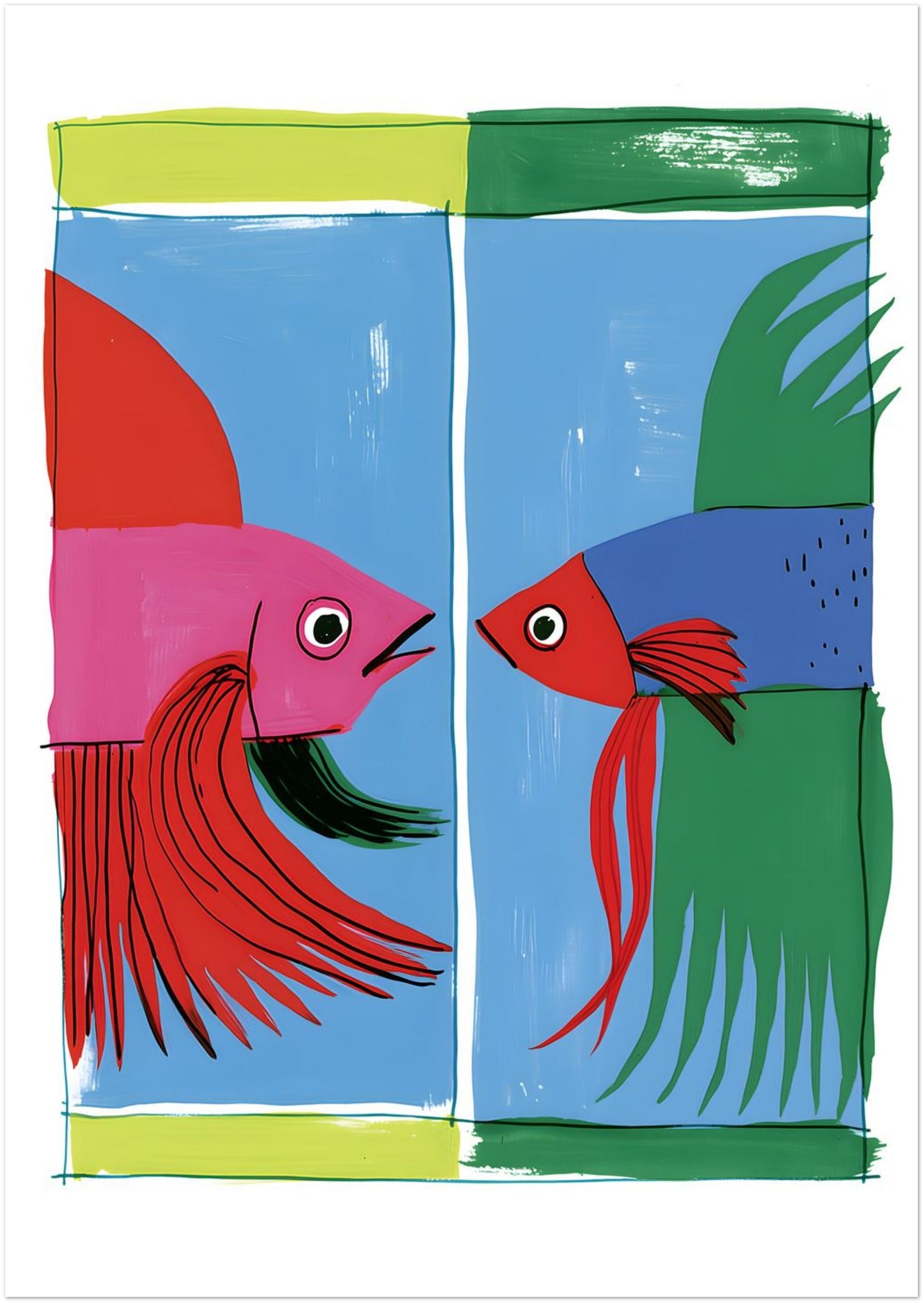 Unframed 8 x 12 inch colourful betta fish art print featuring two Siamese fighting fish with long red and green fins on a bright blue graphic background.