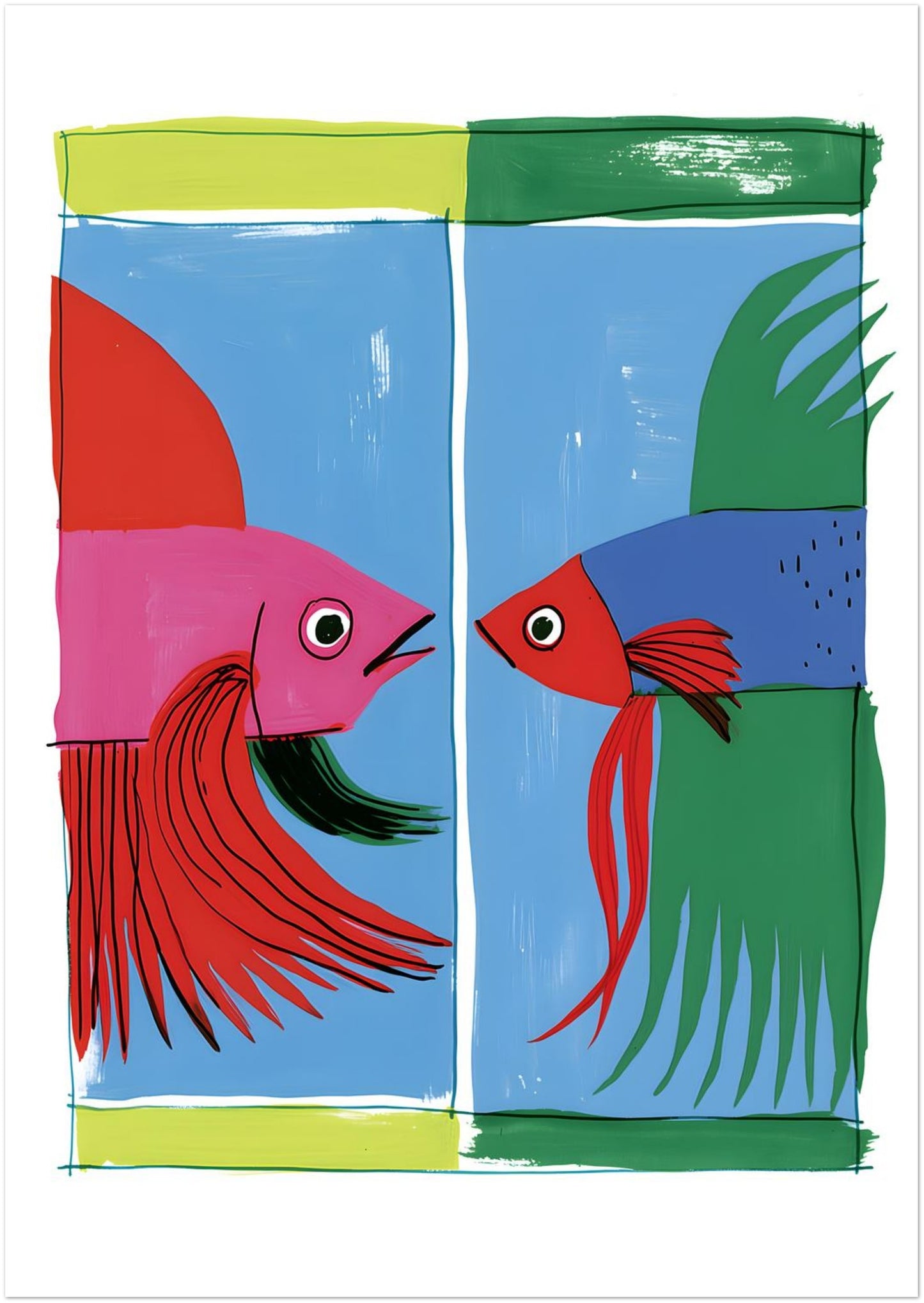 Unframed A1 colourful Thai betta fish print featuring two Siamese fighting fish with long flowing fins, expressive eyes and bold painted colour blocks.