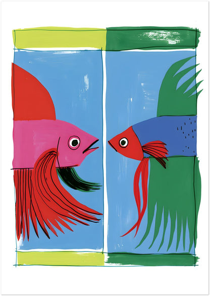 Unframed A1 colourful Thai betta fish print featuring two Siamese fighting fish with long flowing fins, expressive eyes and bold painted colour blocks.