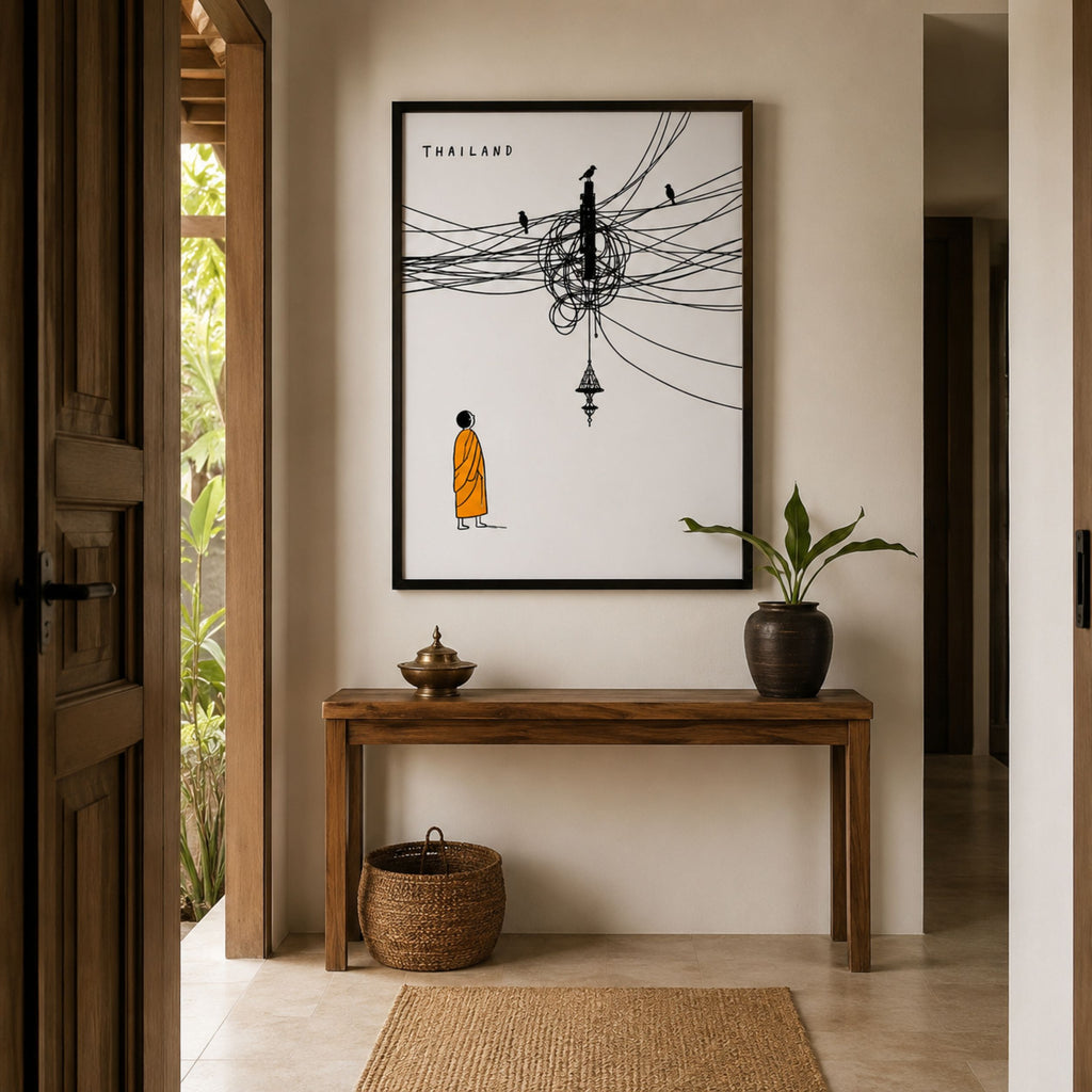 Quirky Thailand Monk Print and Cables Poster