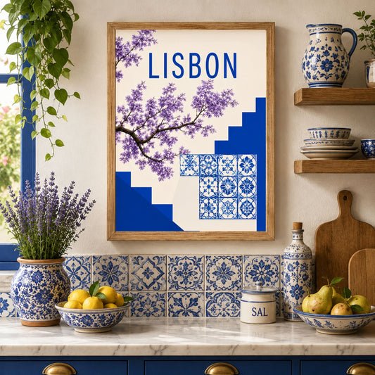 Lisbon azulejo poster framed in a colourful Portuguese style kitchen with blue and white ceramics, patterned tiles, lemons, plants and wooden shelves. The artwork stays central with Lisbon text, purple jacaranda flowers and deep blue steps, ideal for kitchen wall art and Mediterranean home decor.