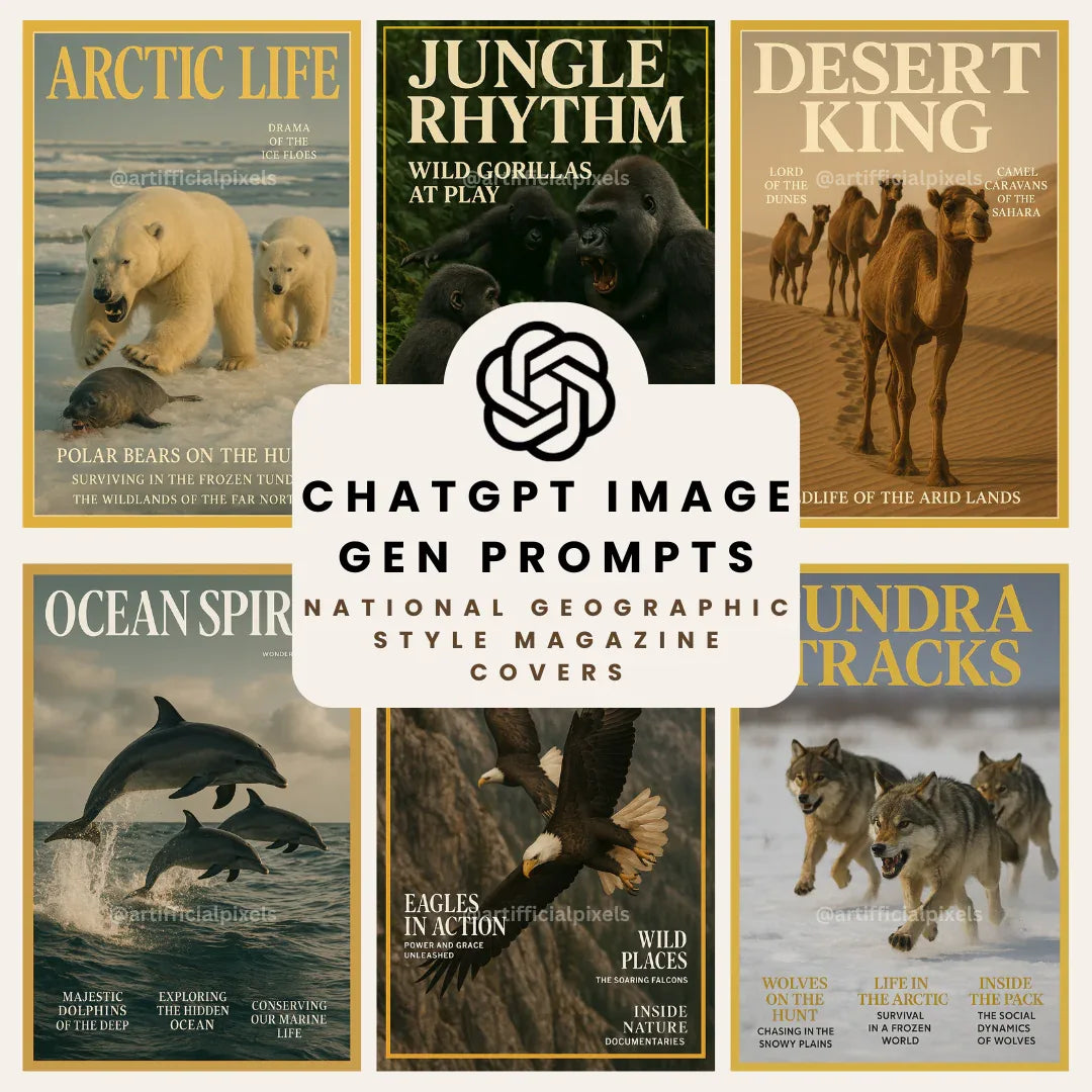 Cinematic Wildlife Magazine Poster AI Art Generator – Midjourney Prompt Pack with Images - CITTRA Collective
