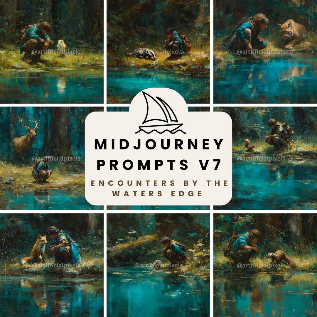 Forest Companions by the Water AI Art Prompts – Midjourney Pack with Images - CITTRA Collective
