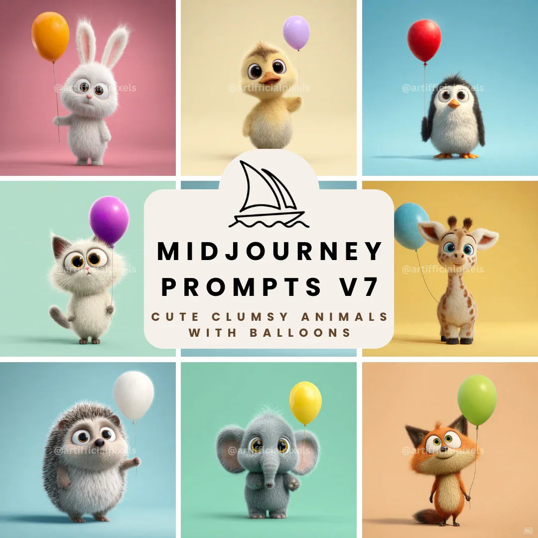 Adorable Animal Balloons AI Art Prompts – Midjourney Pack with Images - CITTRA Collective
