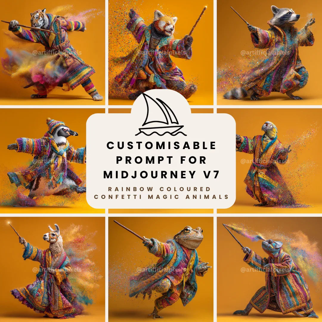 Magical Rainbow Confetti Animals AI Art Prompt for Midjourney AI Image Generator - CITTRA Collective