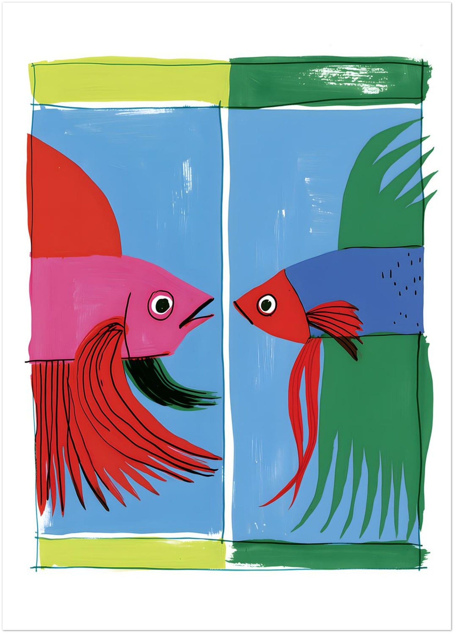 Unframed 20 x 28 inch Siamese fighting fish art print featuring a pink and red fish opposite a red, blue and green fish on a bright blue background.